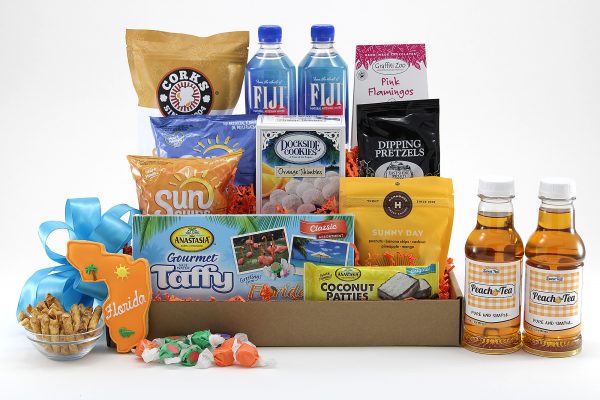 A snack-filled gift basket, perfect for a hotel stay in Orlando!