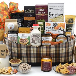 A grand harvest gift basket with flavors and feels of fall!