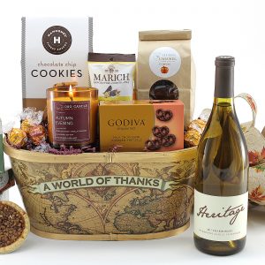 A lovely gift basket of gratitude with a fall twist and a bottle of wine.