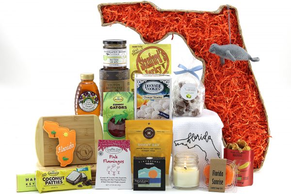 This large Florida-shaped basket is loaded with Florida-made and Florida-inspired treats and keepsakes!