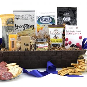 A gift basket full of variety! Sweet, salty, and savory snacks!