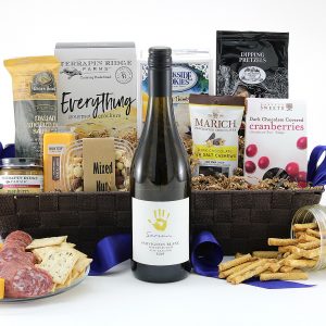 A gift basket full of variety! Sweet, salty, and savory snacks topped off with a fantastic bottle of wine of your choice!
