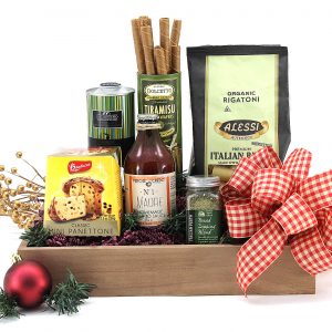 Classic Italian meal essentials delivered in a traditional gift basket style!