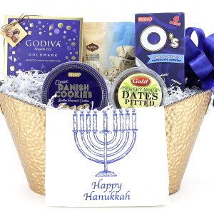A festive Hanukkah themed gift basket filled with unique Kosher treats!