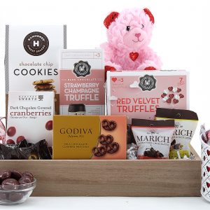 A Valentine theme gift basket full of chocolate treats!