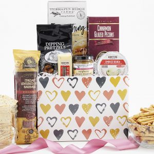 Gift basket filled with savory snacks and sealed with a touch of love.