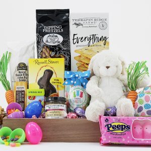 A gourmet gift basket filled with Easter treats and a plush bunny!
