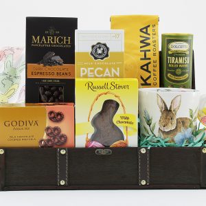 Coffee themed Easter gift basket with touches of chocolatey goodness!