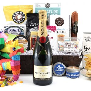 Time to celebrate!  This bright and cheery birthday gift basket is sure to make them smile!  Filled with treats to brighten their birthday, including a candy filled piñata and a bottle of wine!