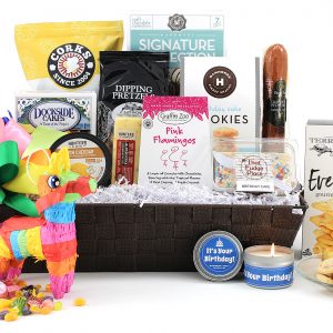 Time to celebrate!  This bright and cheery birthday gift basket is sure to make them smile!  Filled with treats to brighten their birthday, including a candy filled piñata!