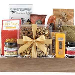 A collection of cheeses, meats, and crunchy snacks delivered in a gift basket. Perfect for any occasion!