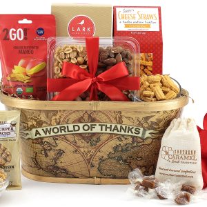 A gift basket of treats with a message of thanks