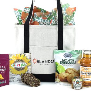 Our exclusive ORLANDO THE CITY BEAUTIFUL canvas tote bag filled with Florida inspired delights!