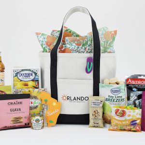 Our exclusive ORLANDO THE CITY BEAUTIFUL canvas tote bag filled with Florida inspired delights!