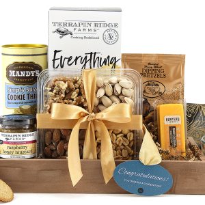 A salty and sweet gift basket with a celebratory message of Congratulations!