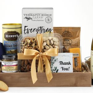 A gourmet gift basket with a bottle of wine and a message of gratitude!