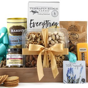 A gourmet gift basket with a message of comfort and condolences.