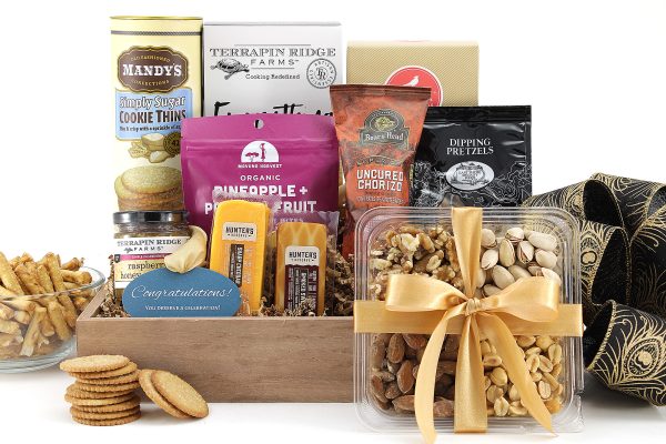 A salty and sweet gift basket with a celebratory message of Congratulations!