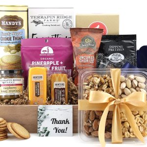 A gourmet gift basket with a message of appreciation.