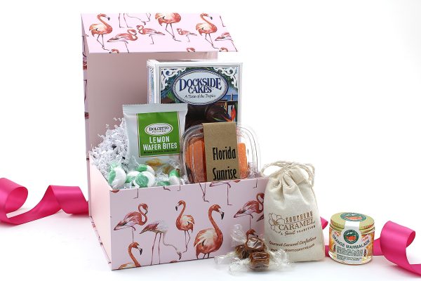 A sweet flamingo print gift box filled with sweet Florida inspired treats!