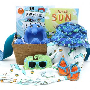 Baby gift basket perfect for 0-24 months. Filled with sun essentials, don't hesitate to share this gift basket year-round! Several of the products can be used for all 4 seasons anywhere in the US!