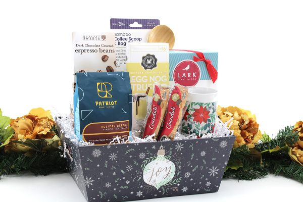 "Comfort & Coffee" - a coffee theme gift basket with a holiday vibe!