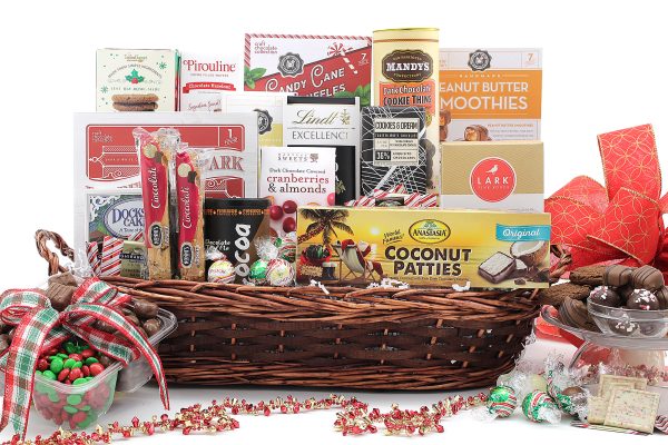 A large gift basket of chocolate treats with a holiday twist!