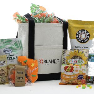 Spring Break in Orlando (medium): Tasty treats, refreshing sips, and Orlando vibes in a stylish tote with 'ORLANDO THE CITY BEAUTIFUL' print.
