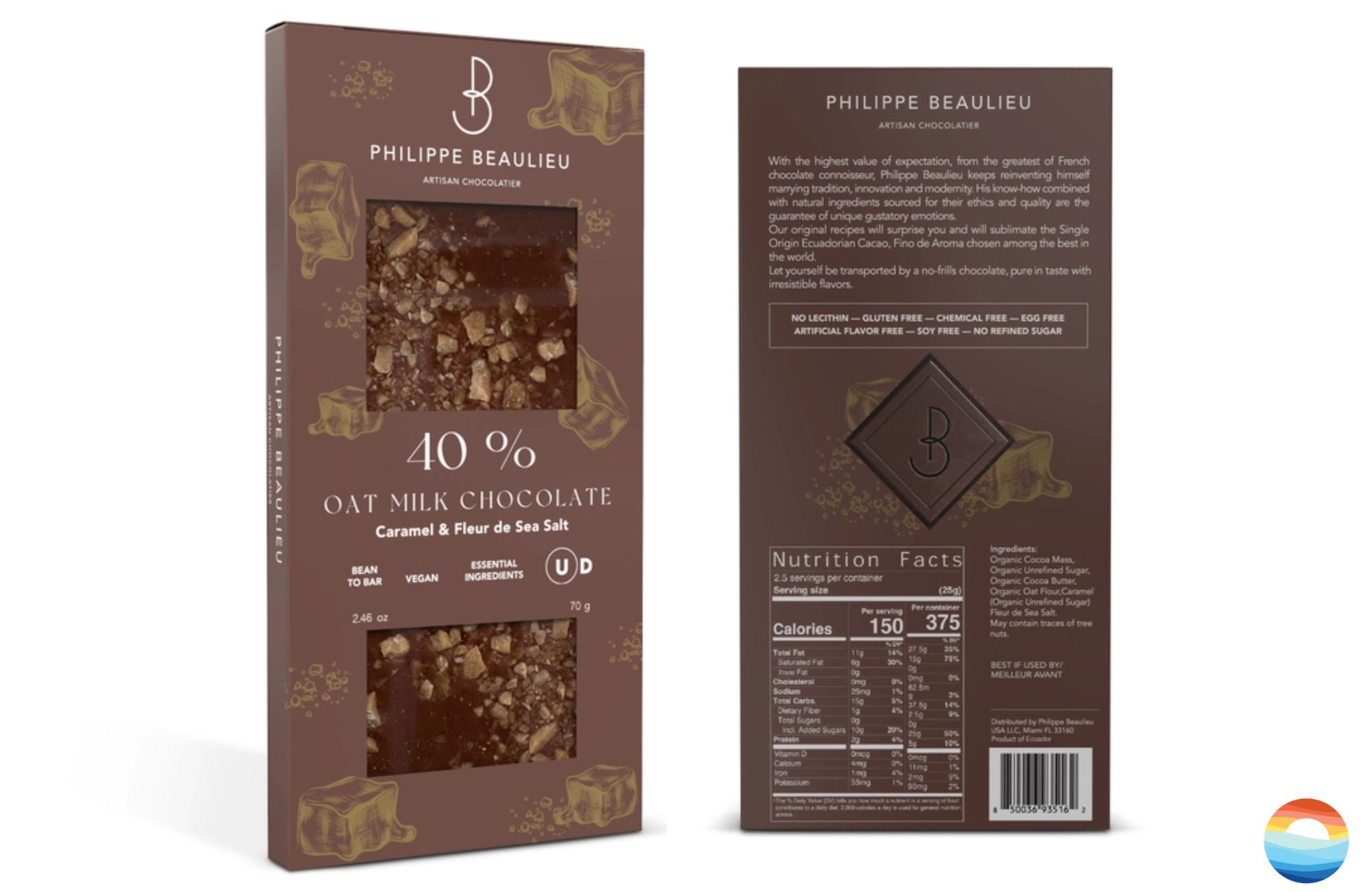 From artisan chocolatier Philippe Beaulieu - Vegan Oat Milk Chocolate bar with Caramel Chunks and Fleur de sea salt. Creamy and Delicious! 70g Vegan and Gluten Free
