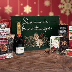 Our exclusive "Season's Greetings" gift box filled with a large variety of gourmet goodies and a bottle of wine.