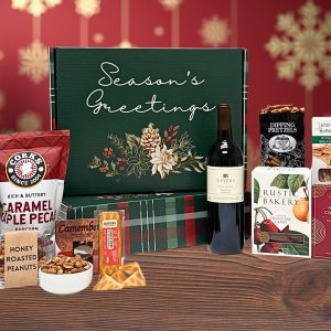 Our popular "Season's Greetings" gift box filled with gourmet goodies and a bottle of wine.