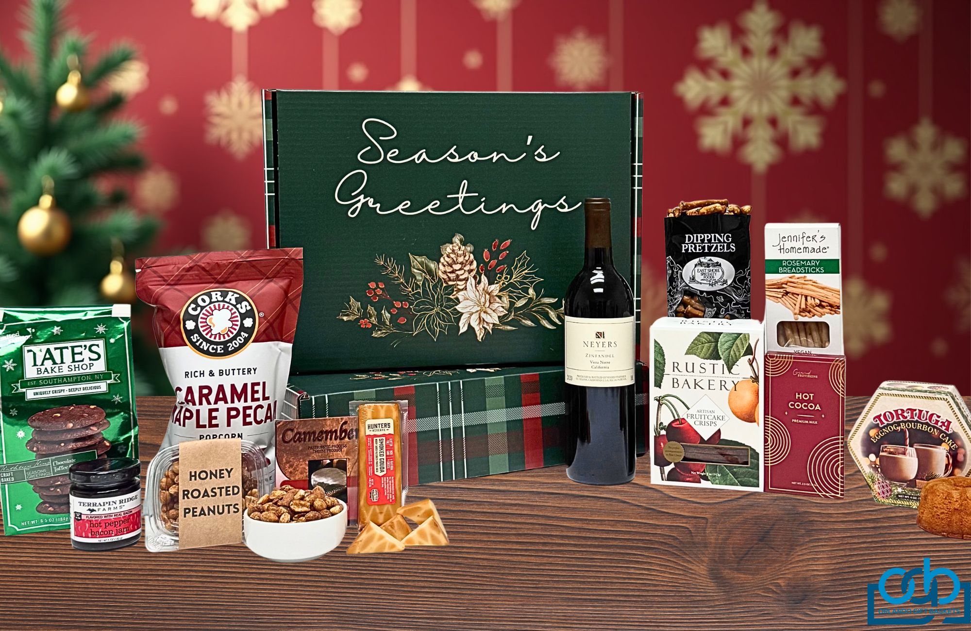 Our popular "Season's Greetings" gift box filled with gourmet goodies and a bottle of wine.
