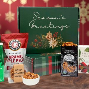 Our exclusive Season's Greetings gift box packaged with gourmet goodies and a bottle of wine