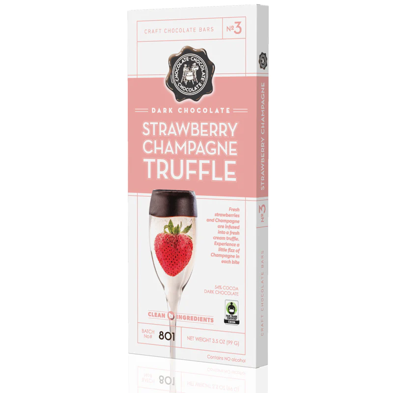 Dark Chocolate Strawberry & Champagne Truffle Bar. Fresh strawberries and Champagne are infused into a fresh cream ganache truffle center. Combine this with Dark Chocolate and they will fall in love! 3.5 oz made by "Chocolate Chocolate Chocolate"