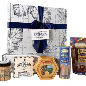 Dad's Sweet Retreat features a delicious assortment - cookies, handmade marshmallows, rum cake, and nostalgic root beer barrel candies, perfectly packaged for Father's Day gifting.
