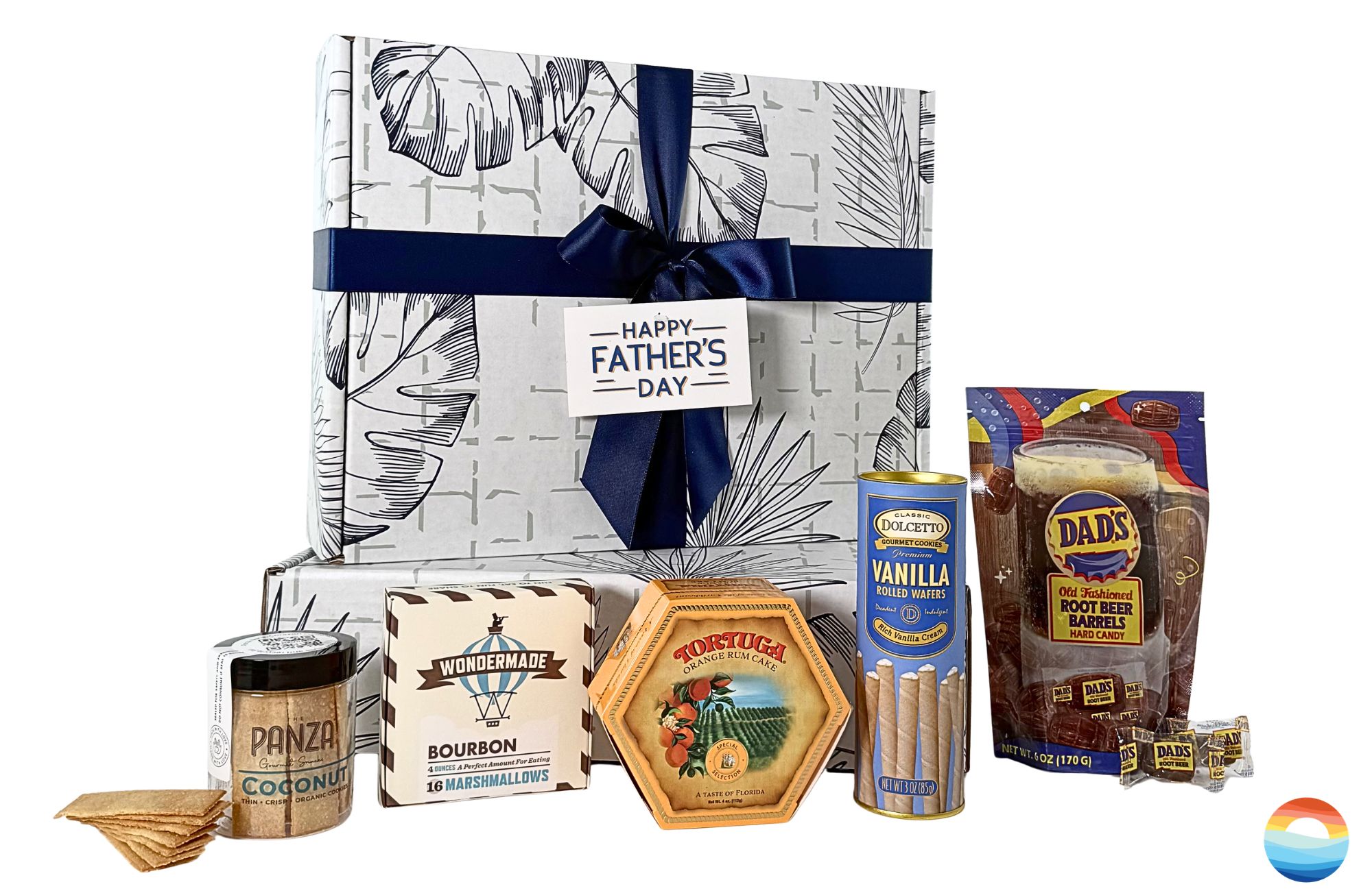 Dad's Sweet Retreat features a delicious assortment - cookies, handmade marshmallows, rum cake, and nostalgic root beer barrel candies, perfectly packaged for Father's Day gifting.